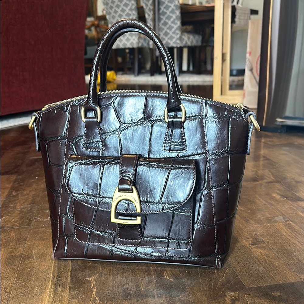 Dooney & Bourke Brown Croco Embossed Leather Large Satchel with Gold Accents